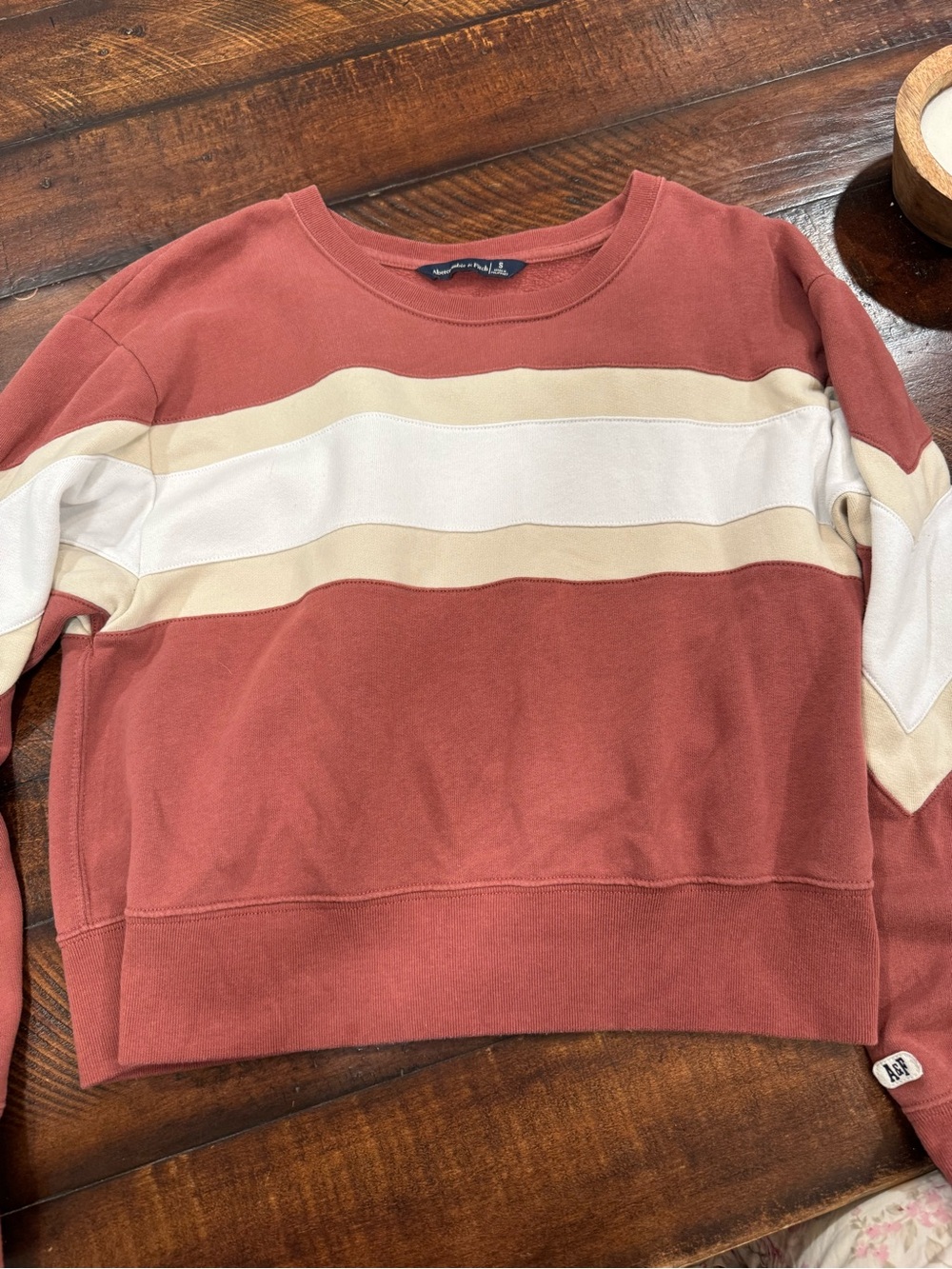 Abercrombie & Fitch Rust and Cream Striped Crewneck Sweater